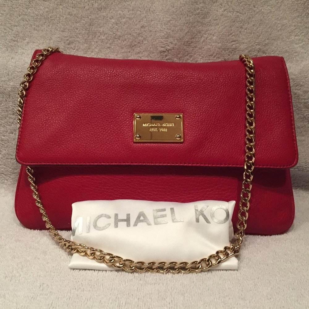 EUC Michael Kors Red Flat Grain Leather Chain Shoulder Bag & Clutch, 7" x 10"